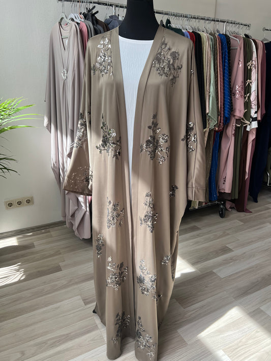 Olivgrüner lange offene abaya mit pailletten