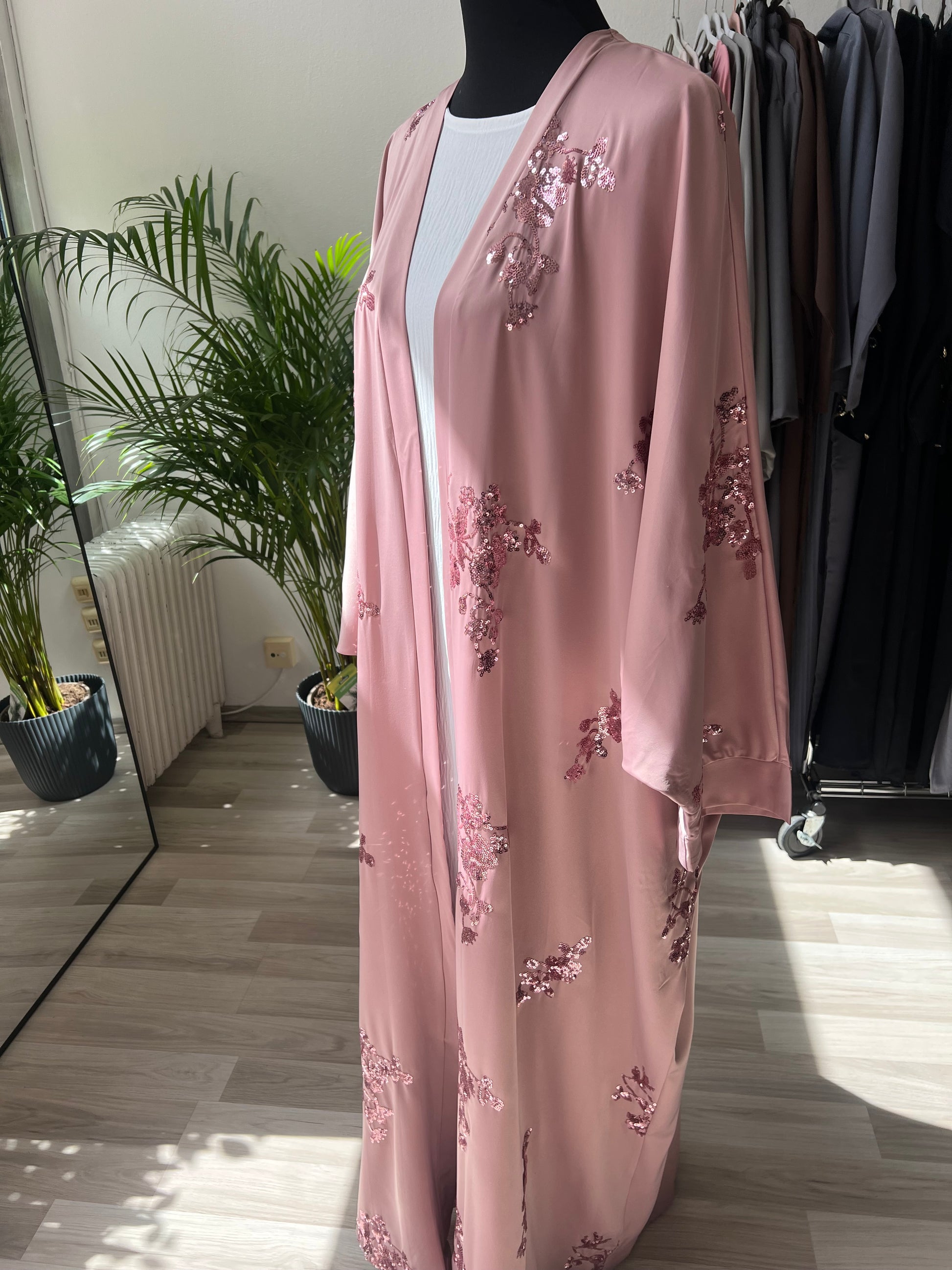 Rosa pailletten abaya bodenlang