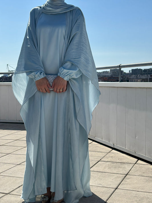 Abaya Sherin in Satin Aqua - Frontansicht, luminous eid von sheylin