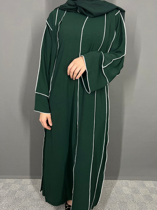 Abaya Dubai grün mit weißer Aussennaht