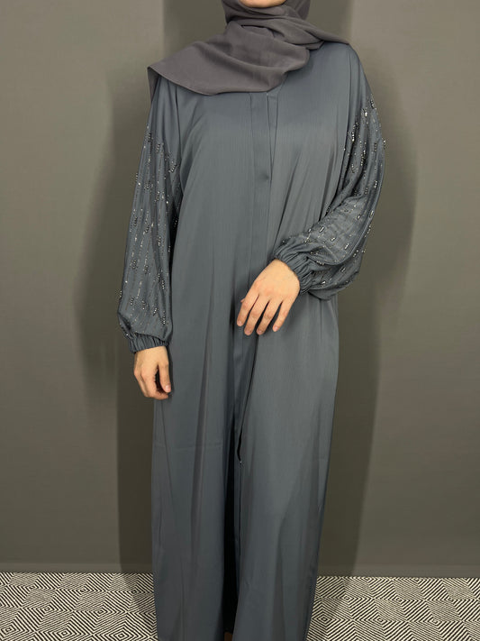 Abaya Dubai graublau mit Kristallen